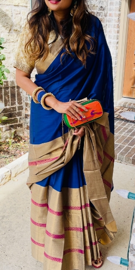 Picture of Navy blue antique gold border saree