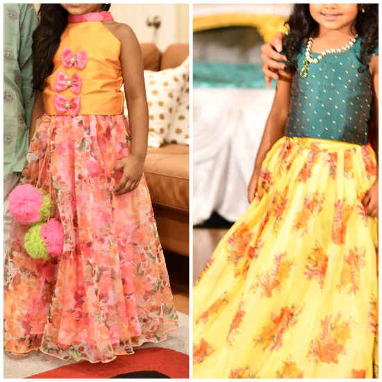 Picture of Halter Neck Bow Top with Flower Pink Skirt - Yellow Organza Floral Lehenga with Green Blouse 4-5y