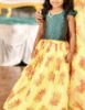 Picture of Halter Neck Bow Top with Flower Pink Skirt - Yellow Organza Floral Lehenga with Green Blouse 4-5y