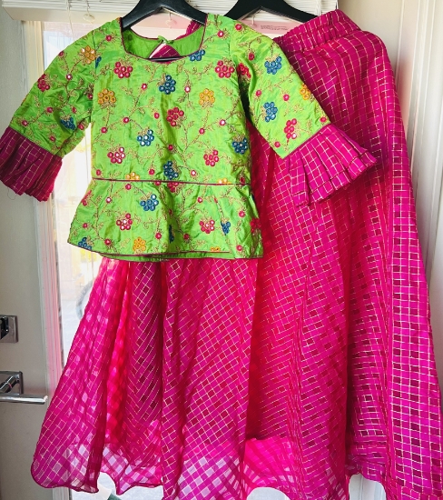 Picture of Raw silk check style skirt with mirror work blouse 8-10y