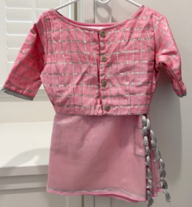 Picture of Baby pink Organza saree with checkered blouse