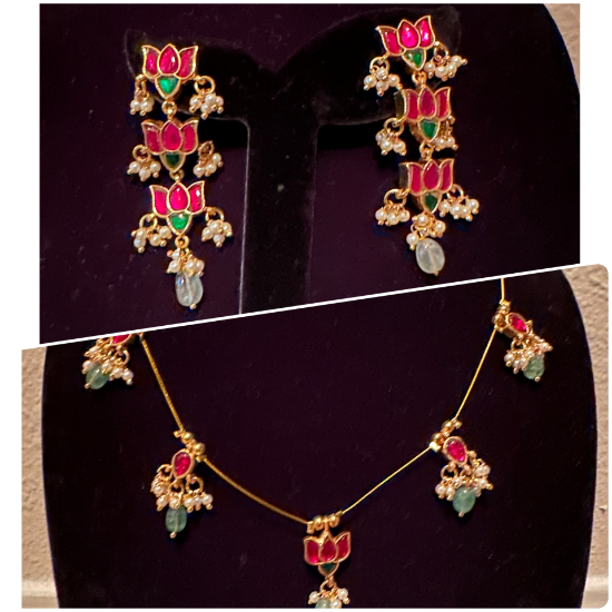 Picture of Trending lotus jadau kundan invisible chain with matching layer earrings