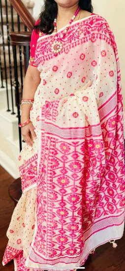 Picture of Real Jamdani  saree with maggam work blouse 