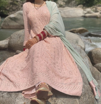 Picture of Light peach gown suit with light sea greens dupatta & loose bottom 