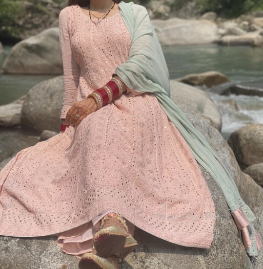 Picture of Light peach gown suit with light sea greens dupatta & loose bottom 