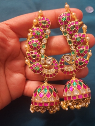 Picture of Brand new Jadau Kundan earcuff  peacock jhumkas