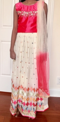 Picture of Cream and pink mirror work lehanga choli 8-10y