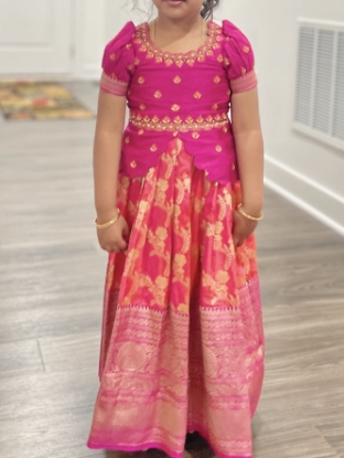 Picture of Raw silk blouse with pattu langa for 2-3y