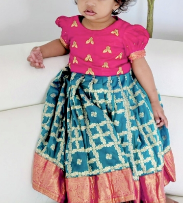 Picture of Blue pattu langa with maggam blouse 0-1y