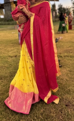 Picture of Yellow pink chanderi lehanga 