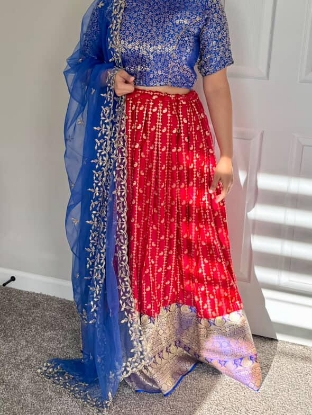 Picture of Red and blue soft benaras lehenga