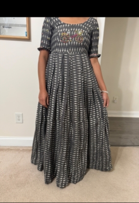Picture of Grey khadi cotton ikkath print long dress
