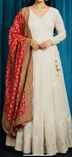 Picture of Angrakha style chikankari frock with patola dupatta