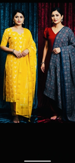 Picture of Combo Pure Ajrakh and Maheswari Pattu 3 pc straight suit sets 