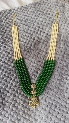Picture of Gold sheeted Grand 4 lines greens and Swaroski pearls mala