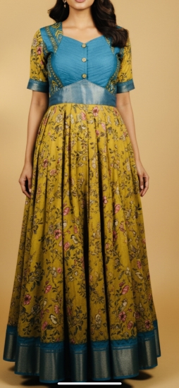 Picture of Pure silk floral digital print long frock with kanchi border