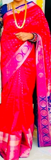 Picture of Beautiful pink pattu saree with purple heavy work blouse 
