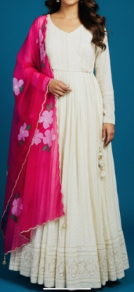 Picture of Pure Chikankari long frock with hand painted dupatta 
