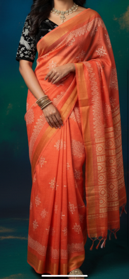 Picture of Pure Assam Silk Kolam Print saree with Black velvet silver zardosi work blouse 