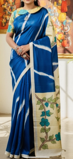 Picture of Pen Kalamkari Pure Raw silk saree with sita ramam movie style collar blouse