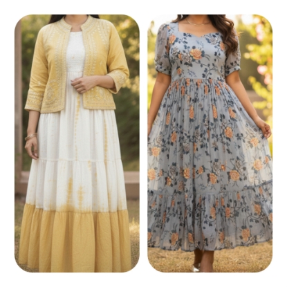 Picture of chanderi and cotton tiered frocks combo