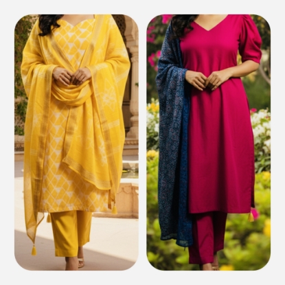 Picture of Combo : Pure Maheswari & Raw Silk - 3 Pc Straight Suit Sets 