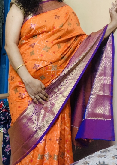 Picture of Orange and purple combination big border pattu saree