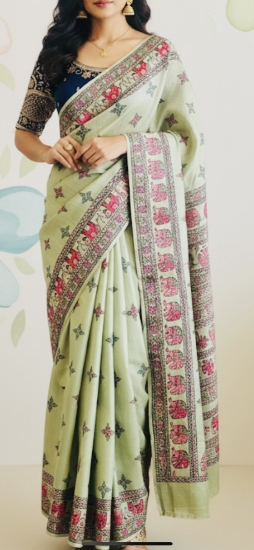 Picture of Pure Tussar Kalamkari saree with beads work blouse 