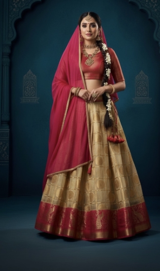 Picture of Off white and pink organza  lehenga