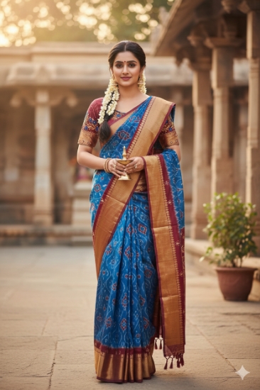 Picture of New Blue Ikkat saree with heavy work blouse