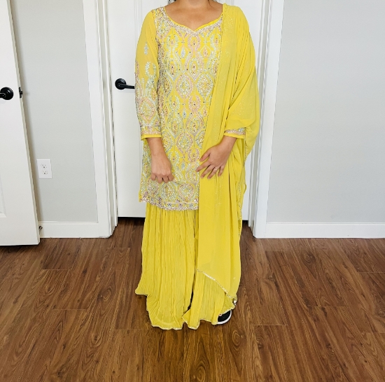 Picture of Yellow georgette sharara set