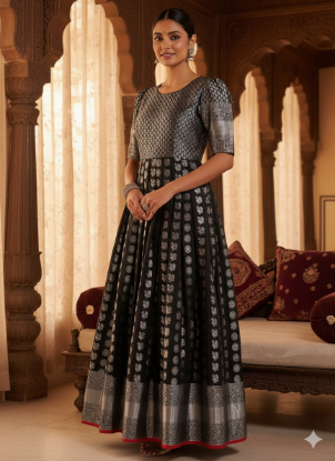 Picture of Semi Benaras adult long frock black 