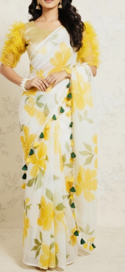 Picture of Hand Brush Painted Floral Organza saree with Ruffles  Blouse 