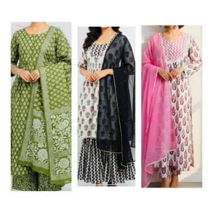 Picture of Set of 3 Pure Jaipuri Cotton 3 pc Kurthi sets 
