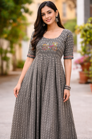 Picture of Grey khadi cotton ikkath print long dress