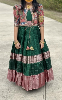 Picture of Mangalagiri pattu frock with kalamkari overcoat 5-7y
