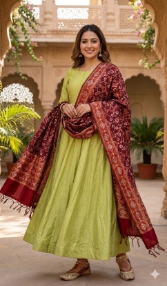 Picture of never worn Parrot Green Anarkali with red patola dupatta