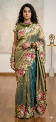 Picture of Crushed Tissue Saree W/ Petite Point Embroidery 