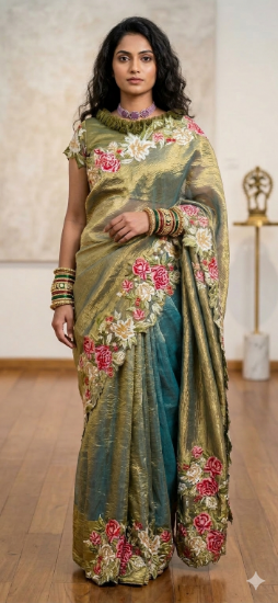 Picture of Crushed Tissue Saree W/ Petite Point Embroidery 