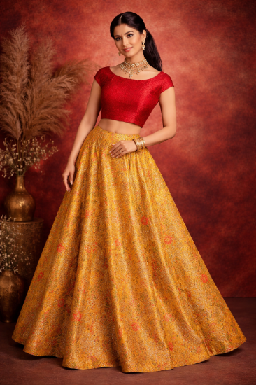 Picture of Yellow and red brocade lehenga
