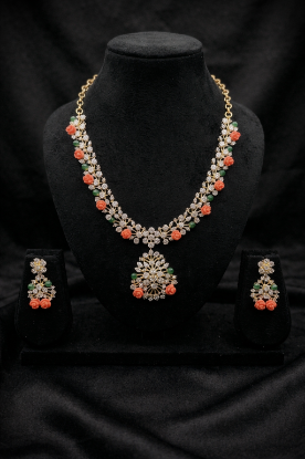Picture of New Jade and Coral diamond look alike necklace set and earrings 