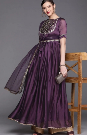 Picture of Inddus Purple and Golden Yoke Kurta Set