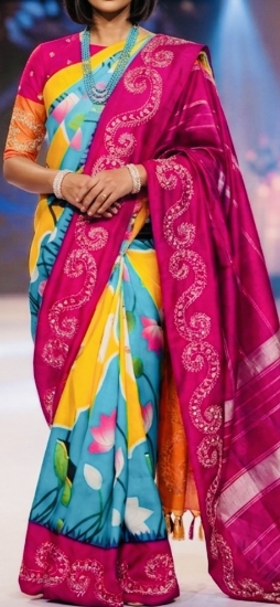 Picture of Handloom All over Pichwai Kanchi Pattu Saree with gap border . 