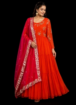 Picture of Orange and pink sequin party wear long frock