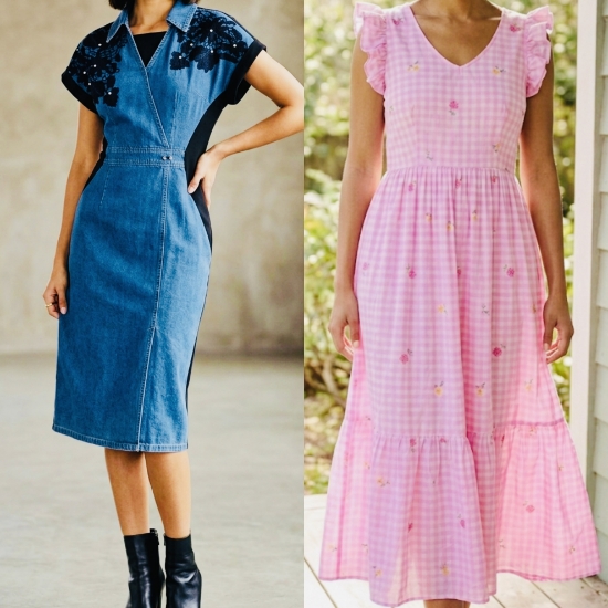 Picture of Combo : Denim & Mul cotton Ruffle checks dresses 