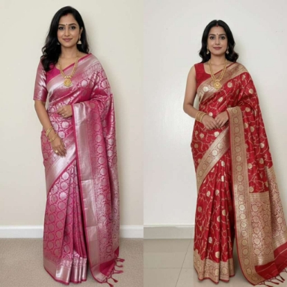 Picture of Combo: Light weight Pink Pattu Saree with silver zari and Red Banaras Saree