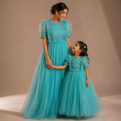 Picture of Mom(34) & Daughter(3y) combo blue net hand embroidery long frocks 