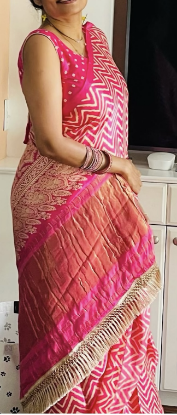 Picture of Pink and cream Ajrak Modal silk saree with stylish sleeveless blouse