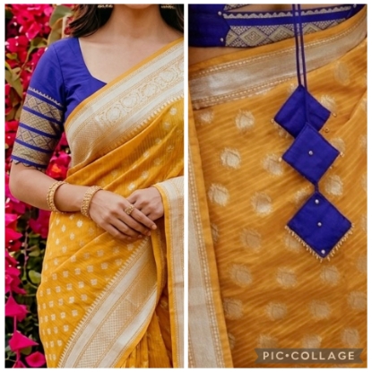 Picture of Stunning Mustard Yellow Banarasi Saree with Custom Designer Royal Blue Blouse