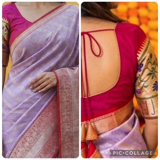 Picture of Elegant Lavender banarasi saree Pink Floral paithani Blouse
